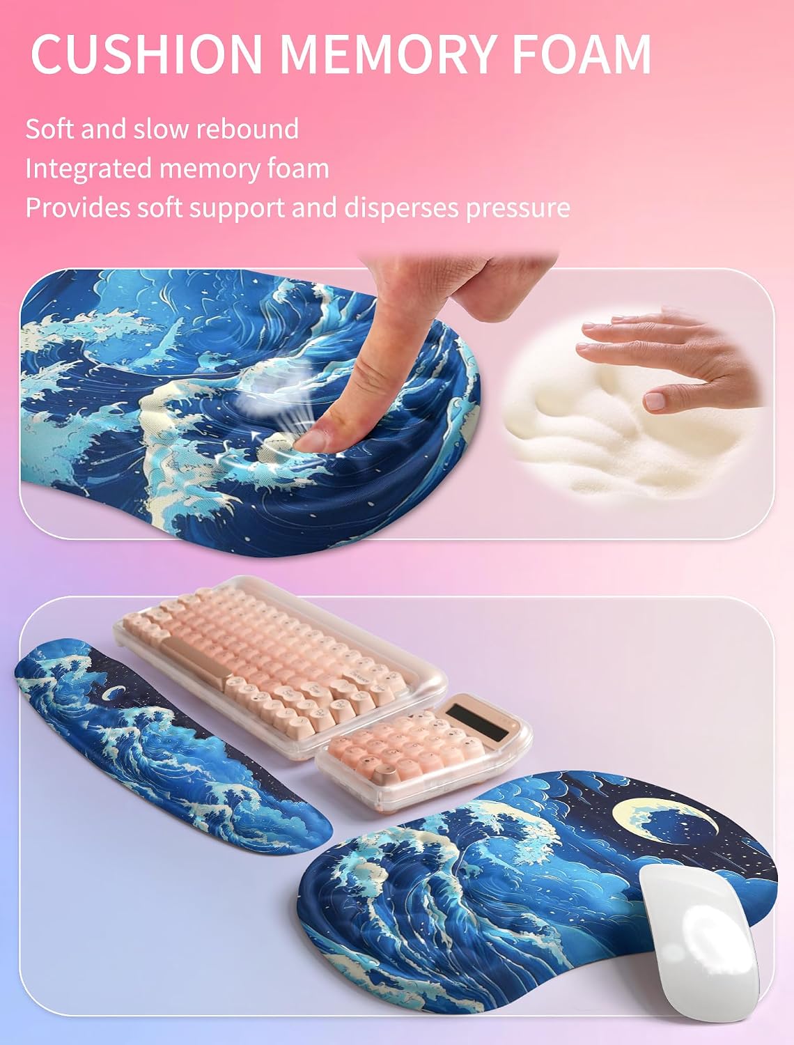 2in1 Combination, Wave Keyboard Wrist Rest and Ergonomic Curvature Mouse Pad Wrist Support for Relieve Wrist Pain, Filled with Soft Cushion Memory Foam, Black