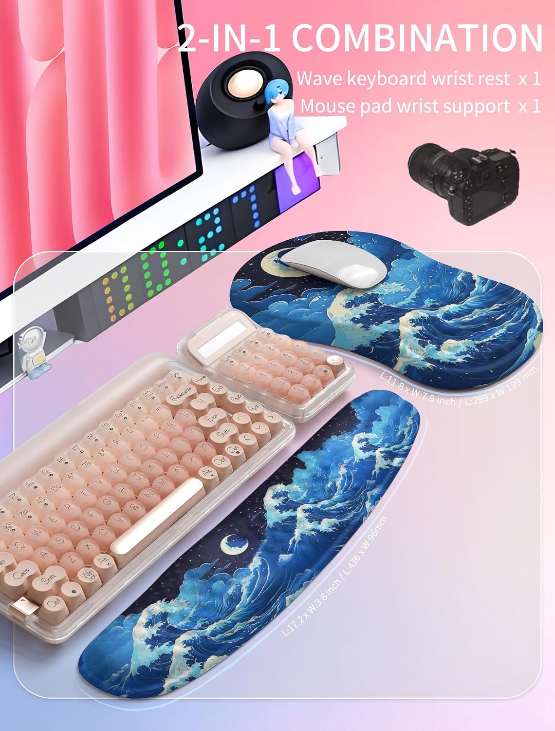 2in1 Combination, Wave Keyboard Wrist Rest and Ergonomic Curvature Mouse Pad Wrist Support for Relieve Wrist Pain, Filled with Soft Cushion Memory Foam, Black