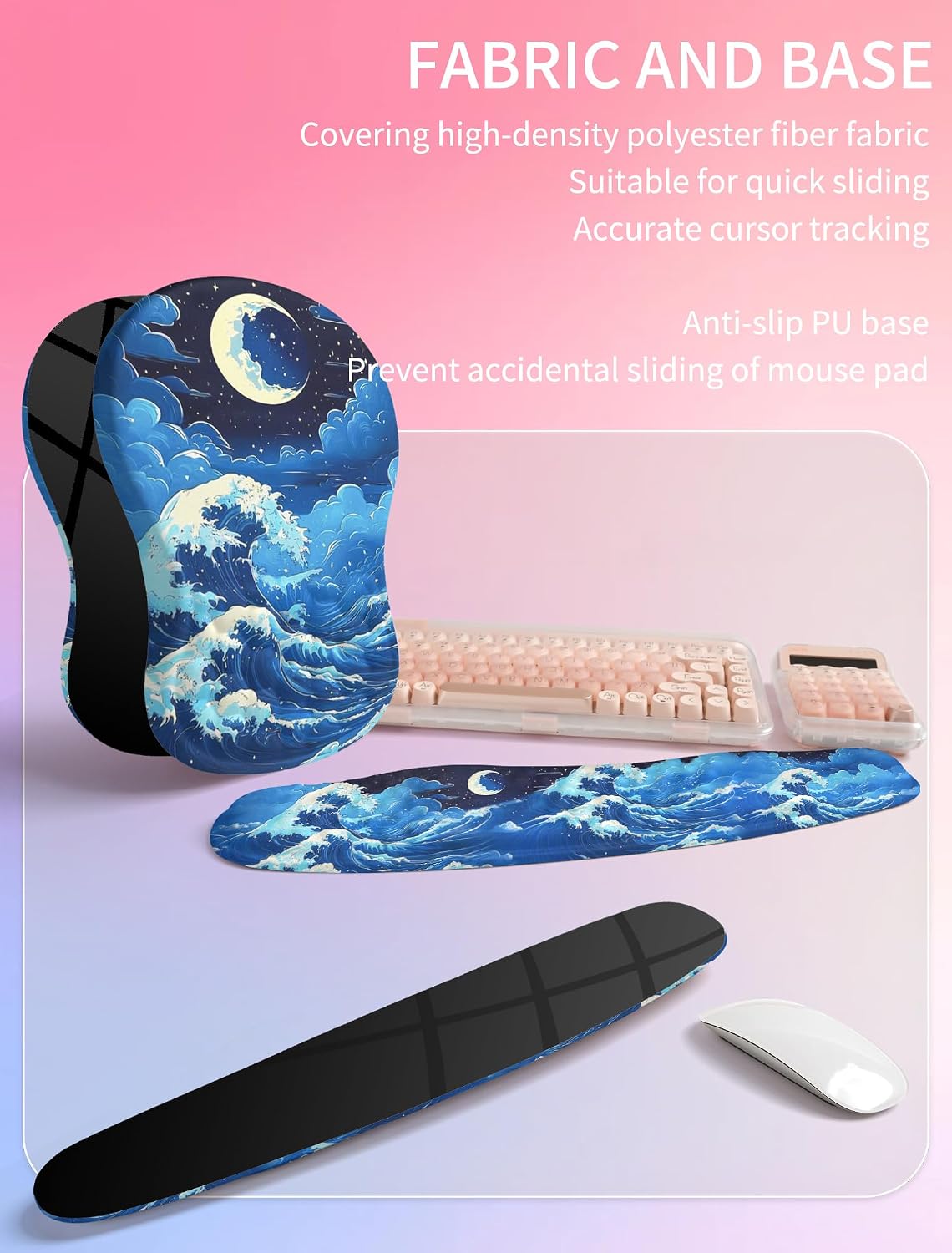 2in1 Combination, Wave Keyboard Wrist Rest and Ergonomic Curvature Mouse Pad Wrist Support for Relieve Wrist Pain, Filled with Soft Cushion Memory Foam, Black