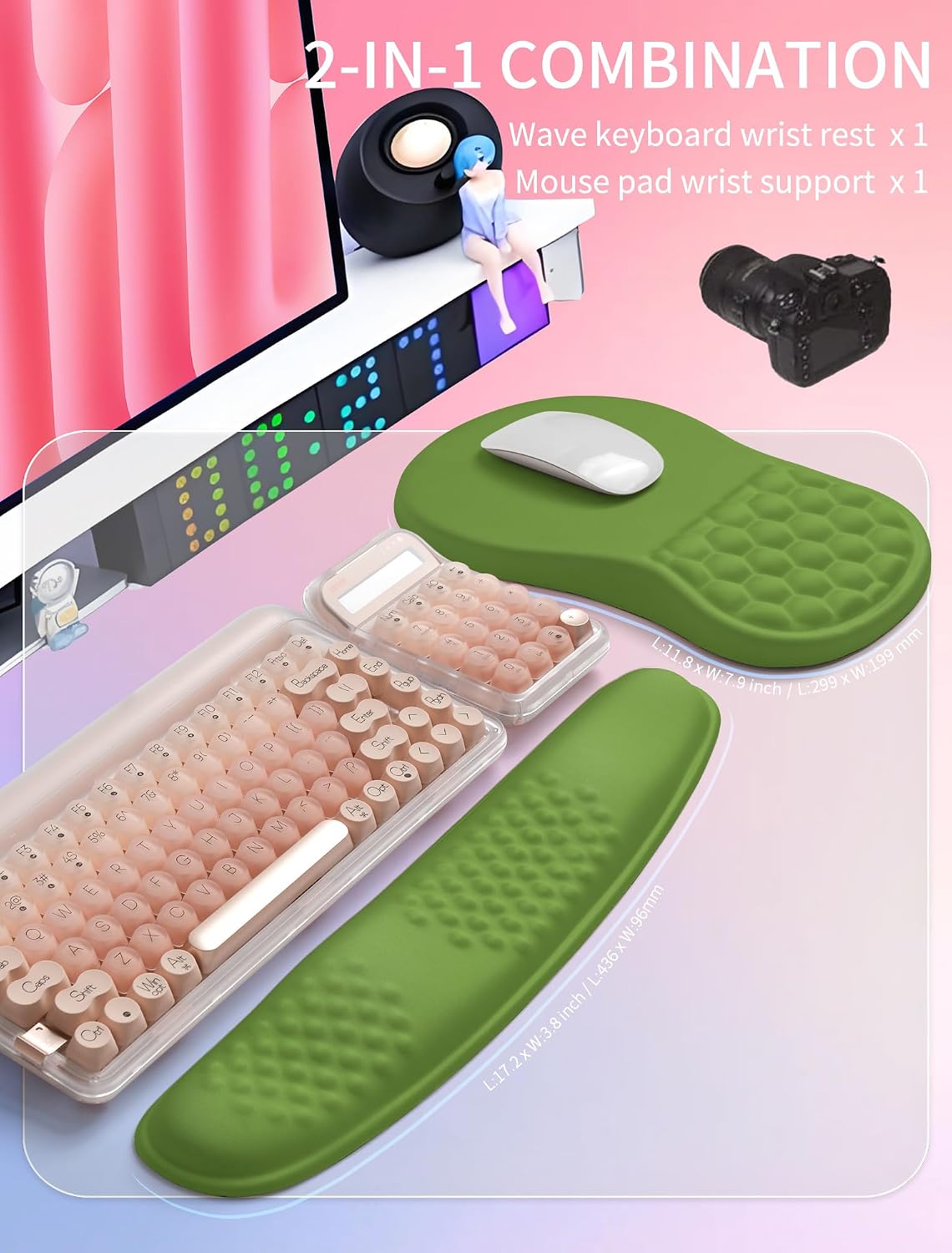 2in1 Combination, Wave Keyboard Wrist Rest and Ergonomic Curvature Mouse Pad Wrist Support for Relieve Wrist Pain, Filled with Soft Cushion Memory Foam, Black