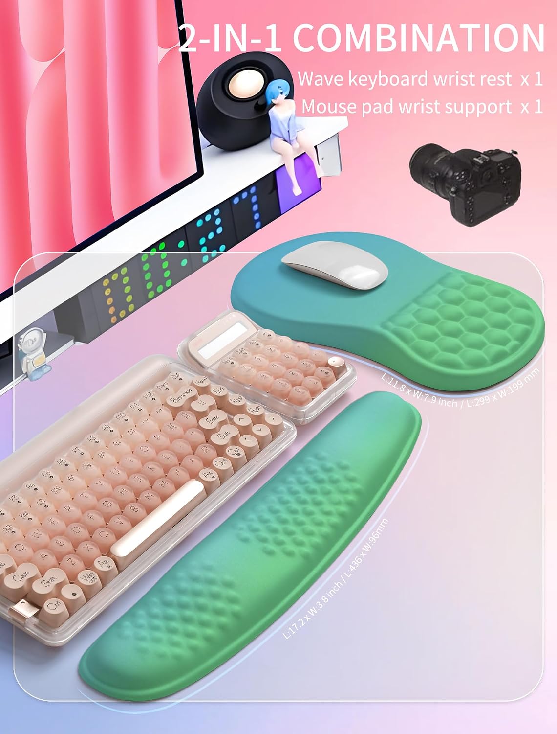 2in1 Combination, Wave Keyboard Wrist Rest and Ergonomic Curvature Mouse Pad Wrist Support for Relieve Wrist Pain, Filled with Soft Cushion Memory Foam, Black