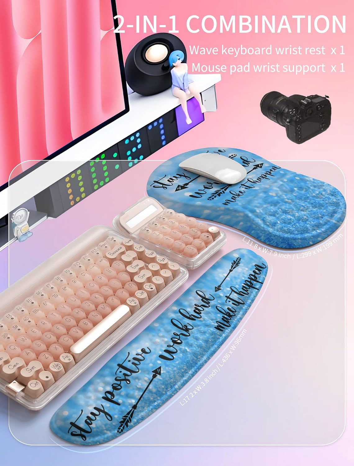 2in1 Combination, Wave Keyboard Wrist Rest and Ergonomic Curvature Mouse Pad Wrist Support for Relieve Wrist Pain, Filled with Soft Cushion Memory Foam, Black