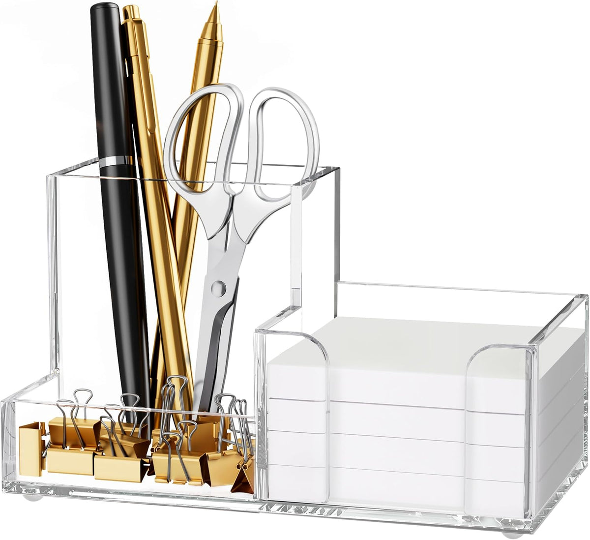 Acrylic Pen Holder for Desk, 3-Compartment Small Desk Organizer, Clear Office Supplies Desk Accessories with Sticky Notes Holder Stores Post It Notes 3X3 for Office, Home and School