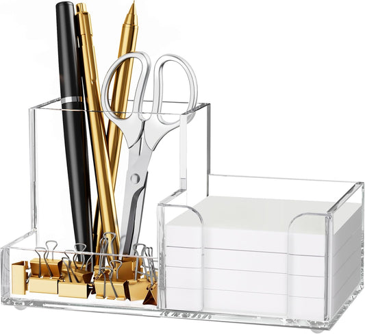 Acrylic Pen Holder for Desk, 3-Compartment Small Desk Organizer, Clear Office Supplies Desk Accessories with Sticky Notes Holder Stores Post It Notes 3X3 for Office, Home and School