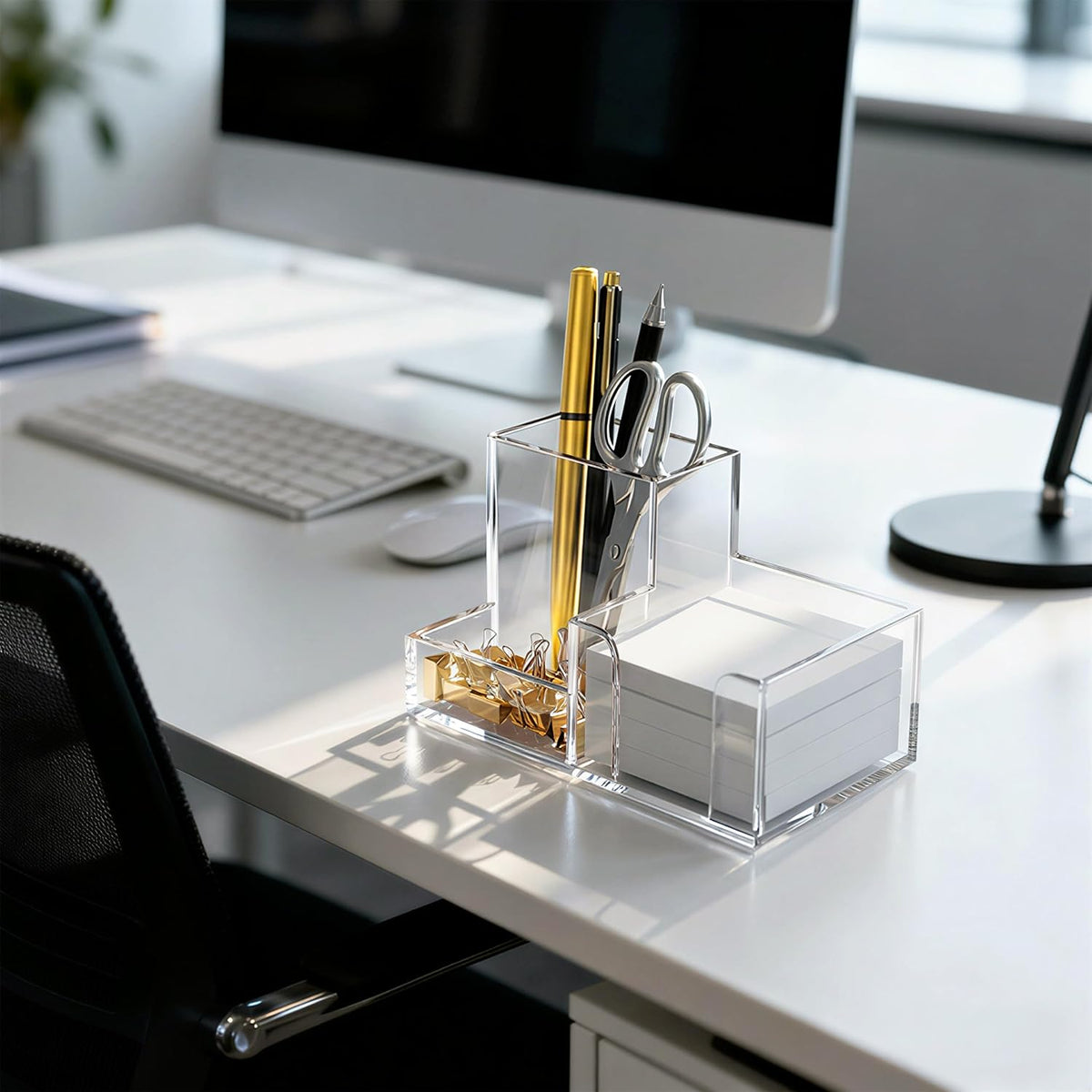Acrylic Pen Holder for Desk, 3-Compartment Small Desk Organizer, Clear Office Supplies Desk Accessories with Sticky Notes Holder Stores Post It Notes 3X3 for Office, Home and School