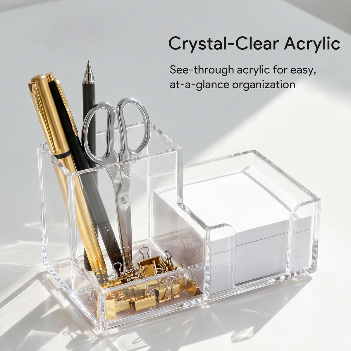 Acrylic Pen Holder for Desk, 3-Compartment Small Desk Organizer, Clear Office Supplies Desk Accessories with Sticky Notes Holder Stores Post It Notes 3X3 for Office, Home and School