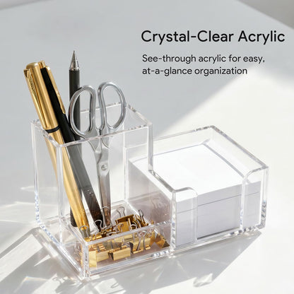 Acrylic Pen Holder for Desk, 3-Compartment Small Desk Organizer, Clear Office Supplies Desk Accessories with Sticky Notes Holder Stores Post It Notes 3X3 for Office, Home and School
