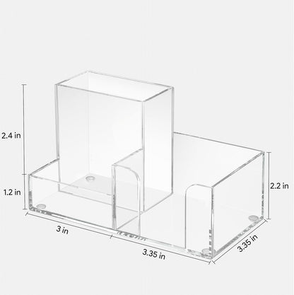 Acrylic Pen Holder for Desk, 3-Compartment Small Desk Organizer, Clear Office Supplies Desk Accessories with Sticky Notes Holder Stores Post It Notes 3X3 for Office, Home and School
