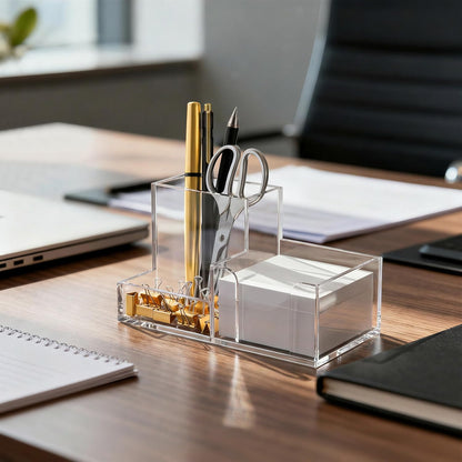 Acrylic Pen Holder for Desk, 3-Compartment Small Desk Organizer, Clear Office Supplies Desk Accessories with Sticky Notes Holder Stores Post It Notes 3X3 for Office, Home and School