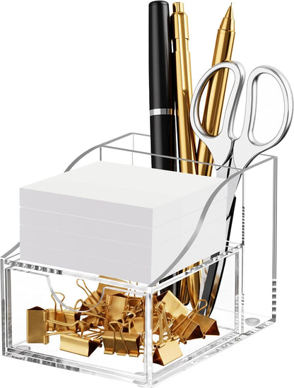 Acrylic Pen Holder for Desk, 3-Compartment Small Desk Organizer, Clear Office Supplies Desk Accessories with Sticky Notes Holder Stores Post It Notes 3X3 for Office, Home and School