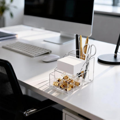 Acrylic Pen Holder for Desk, 3-Compartment Small Desk Organizer, Clear Office Supplies Desk Accessories with Sticky Notes Holder Stores Post It Notes 3X3 for Office, Home and School