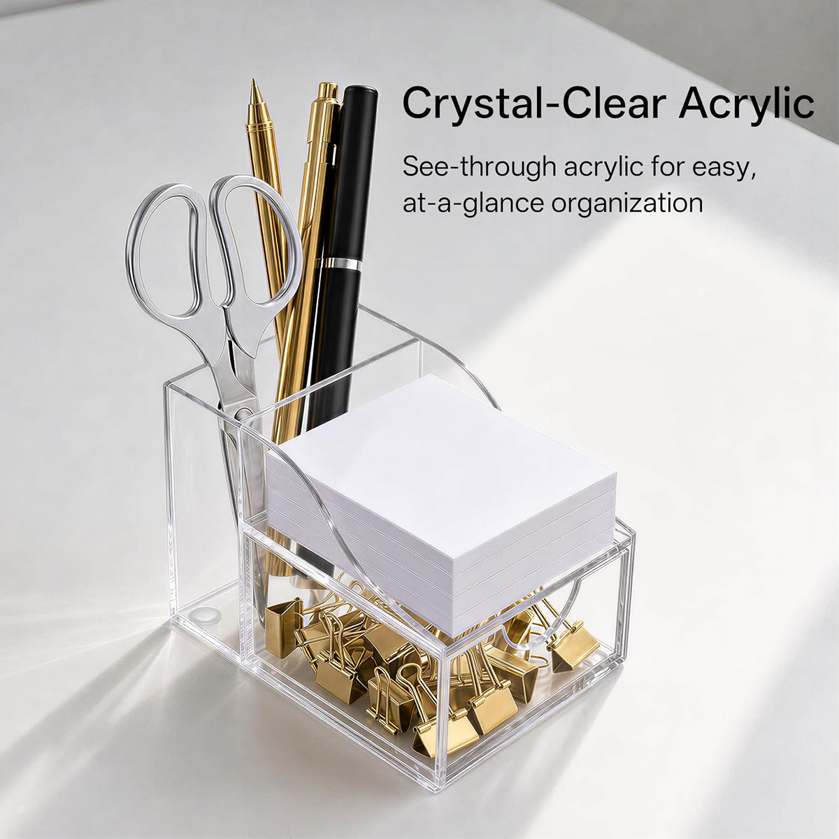 Acrylic Pen Holder for Desk, 3-Compartment Small Desk Organizer, Clear Office Supplies Desk Accessories with Sticky Notes Holder Stores Post It Notes 3X3 for Office, Home and School