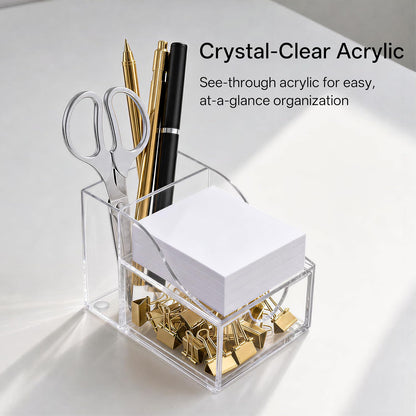 Acrylic Pen Holder for Desk, 3-Compartment Small Desk Organizer, Clear Office Supplies Desk Accessories with Sticky Notes Holder Stores Post It Notes 3X3 for Office, Home and School