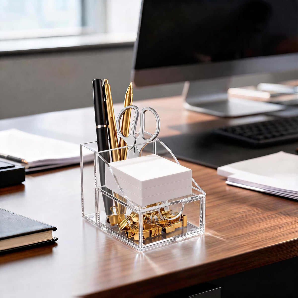 Acrylic Pen Holder for Desk, 3-Compartment Small Desk Organizer, Clear Office Supplies Desk Accessories with Sticky Notes Holder Stores Post It Notes 3X3 for Office, Home and School