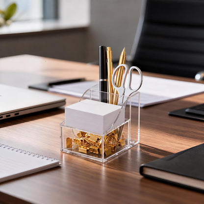 Acrylic Pen Holder for Desk, 3-Compartment Small Desk Organizer, Clear Office Supplies Desk Accessories with Sticky Notes Holder Stores Post It Notes 3X3 for Office, Home and School