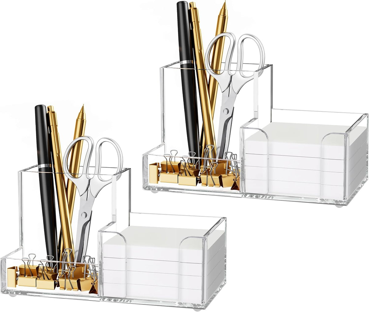 Acrylic Pen Holder for Desk, 3-Compartment Small Desk Organizer, Clear Office Supplies Desk Accessories with Sticky Notes Holder Stores Post It Notes 3X3 for Office, Home and School