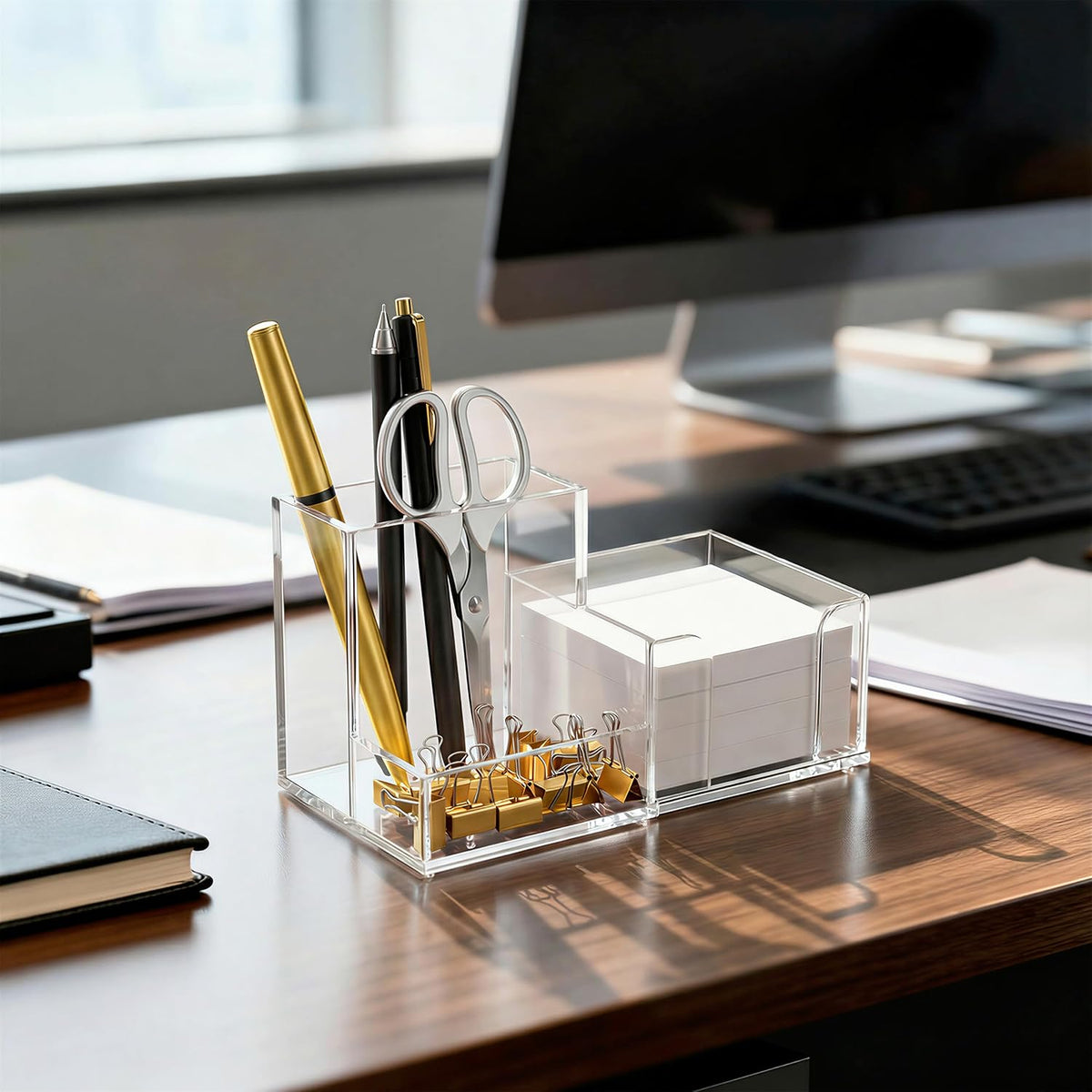 Acrylic Pen Holder for Desk, 3-Compartment Small Desk Organizer, Clear Office Supplies Desk Accessories with Sticky Notes Holder Stores Post It Notes 3X3 for Office, Home and School