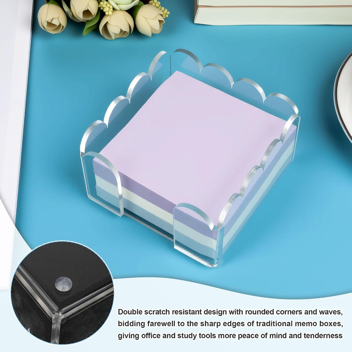 3x3 Scalloped Acrylic Sticky Note Holder Clear Cute Post It Note Holder Dispenser for Classroom, Desk Organizer Accessories for Dorm Room, School Office Necessities