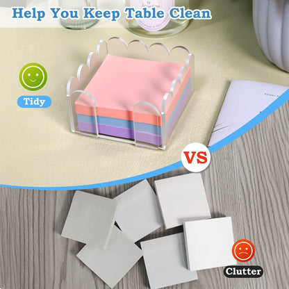 3x3 Scalloped Acrylic Sticky Note Holder Clear Cute Post It Note Holder Dispenser for Classroom, Desk Organizer Accessories for Dorm Room, School Office Necessities