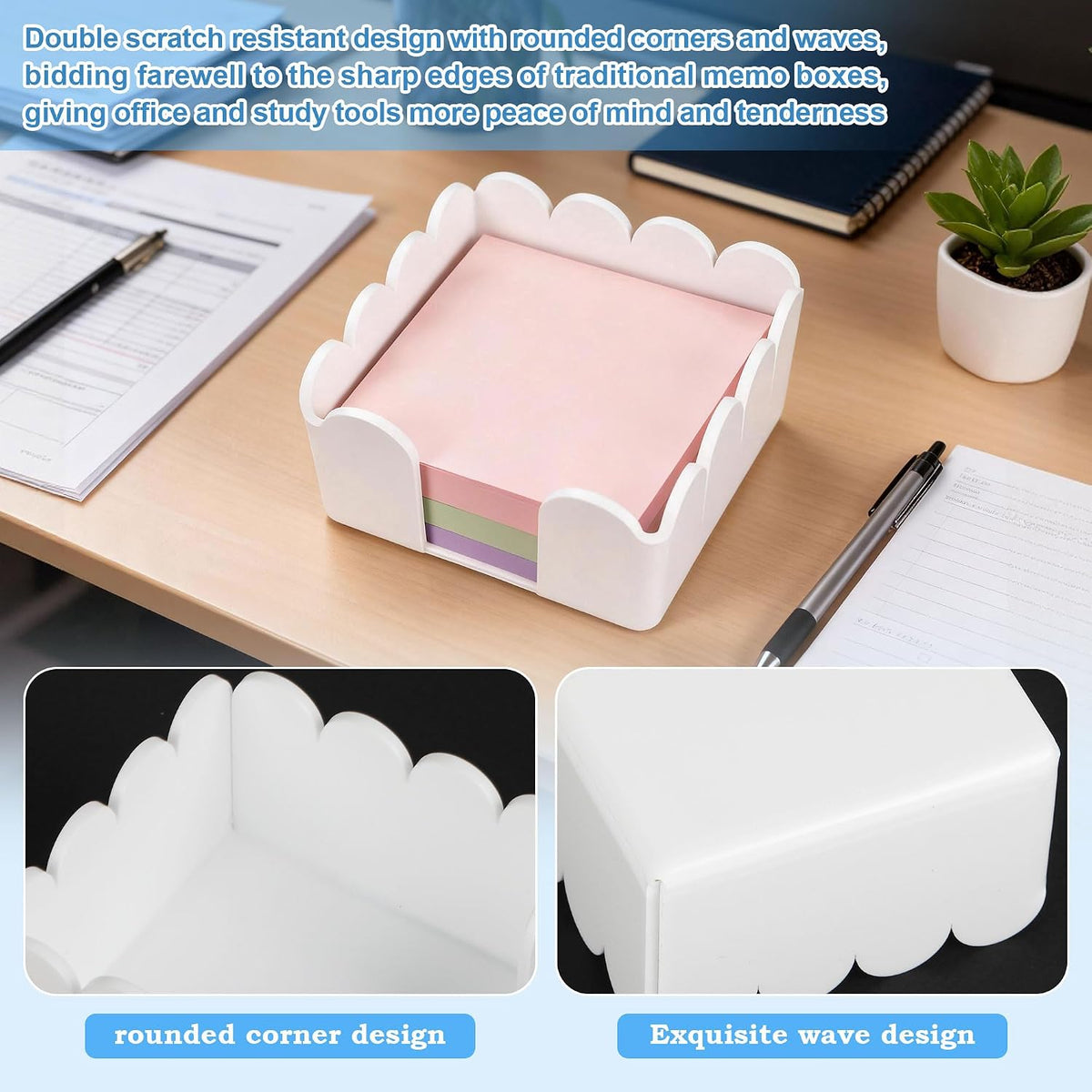 3x3 Scalloped Acrylic Sticky Note Holder Clear Cute Post It Note Holder Dispenser for Classroom, Desk Organizer Accessories for Dorm Room, School Office Necessities