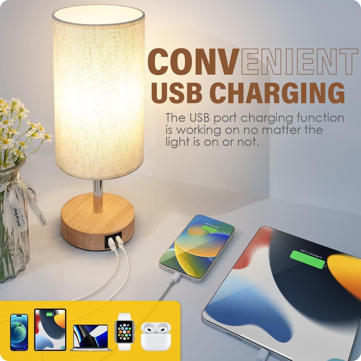 Bedside Table Lamp with USB Ports, Touch Dimmable Nightstand
