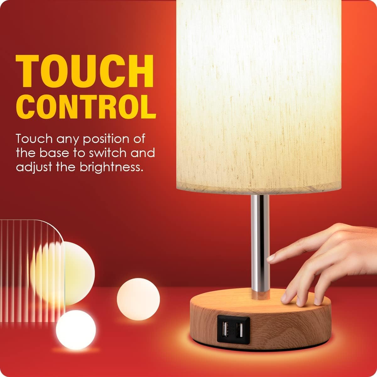 Bedside Table Lamp with USB Ports, Touch Dimmable Nightstand