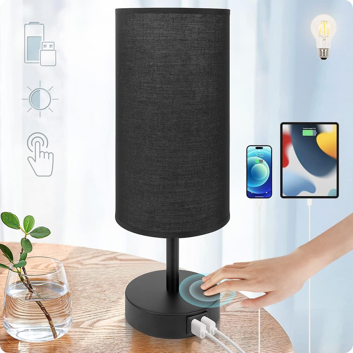 Bedside Table Lamp with USB Ports, Touch Dimmable Nightstand