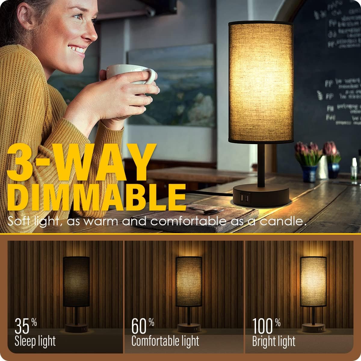 Bedside Table Lamp with USB Ports, Touch Dimmable Nightstand