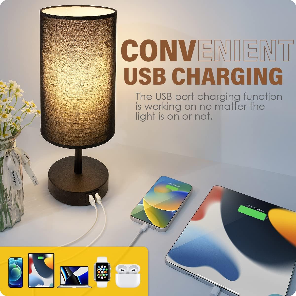 Bedside Table Lamp with USB Ports, Touch Dimmable Nightstand