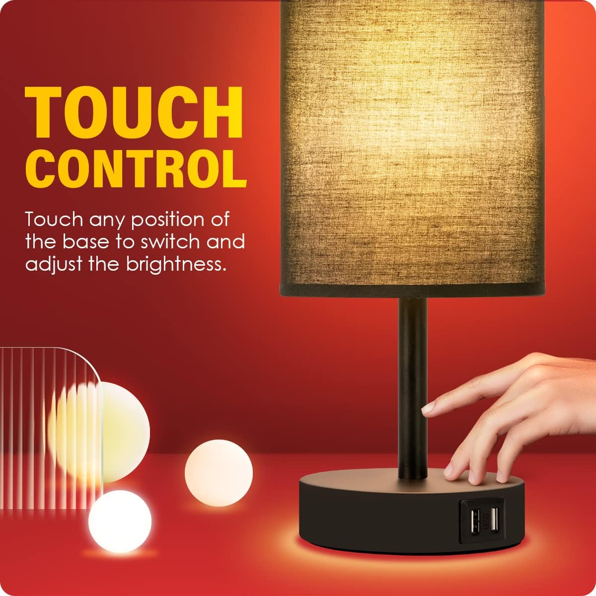 Bedside Table Lamp with USB Ports, Touch Dimmable Nightstand