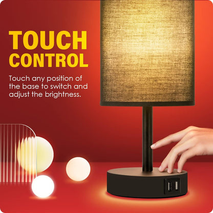 Bedside Table Lamp with USB Ports, Touch Dimmable Nightstand