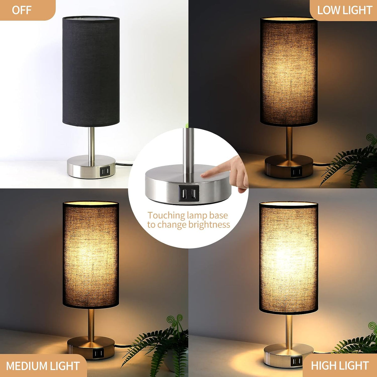 Bedside Table Lamp with USB Ports, Touch Dimmable Nightstand