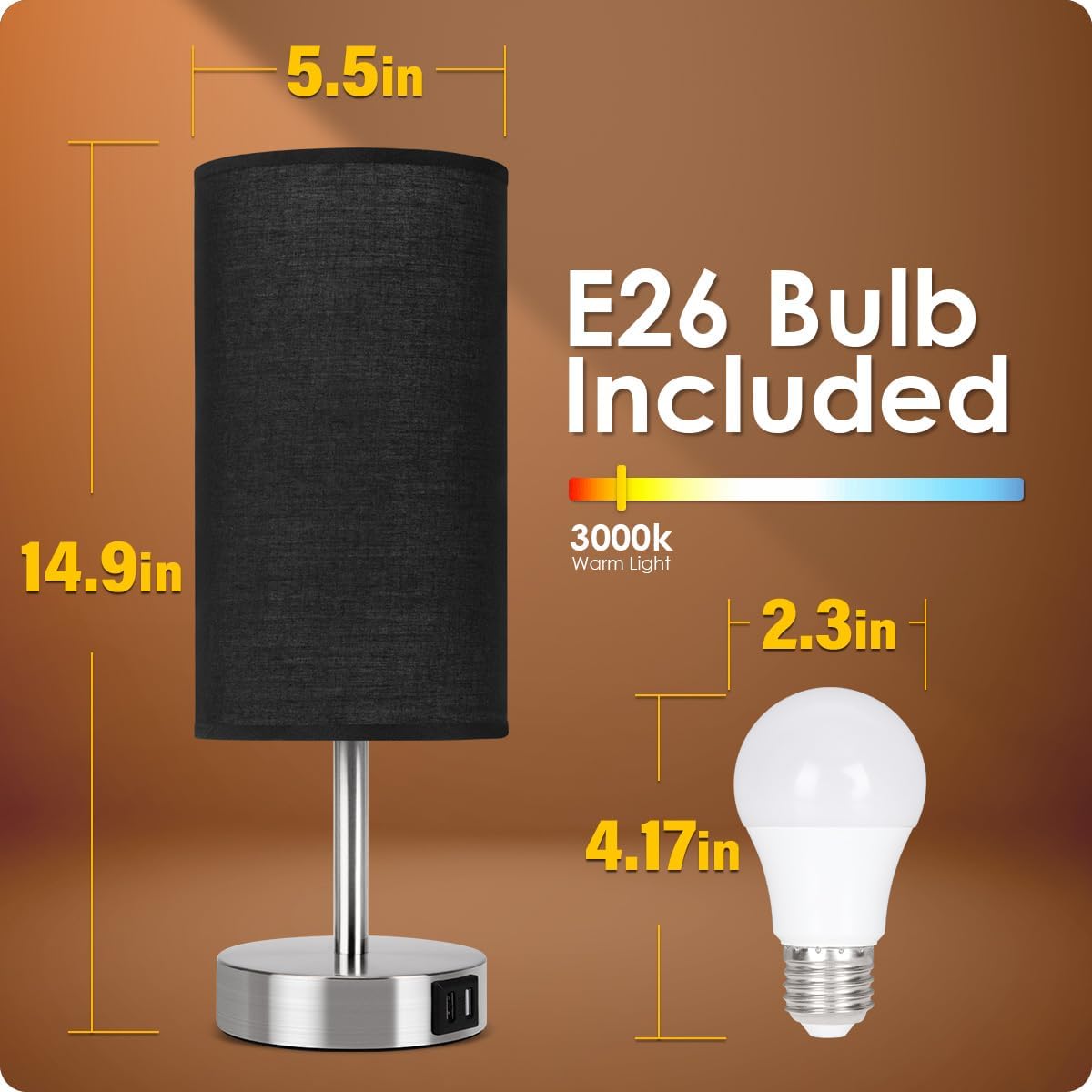 Bedside Table Lamp with USB Ports, Touch Dimmable Nightstand