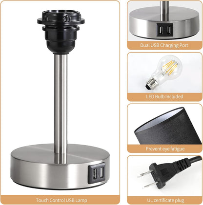 Bedside Table Lamp with USB Ports, Touch Dimmable Nightstand