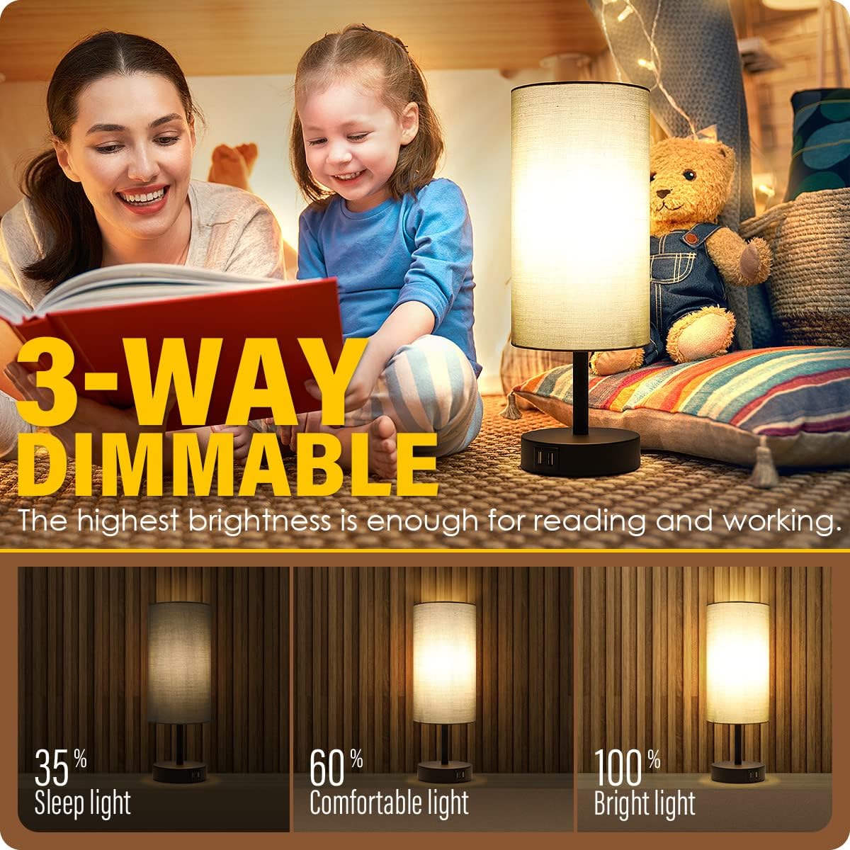 Bedside Table Lamp with USB Ports, Touch Dimmable Nightstand