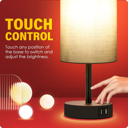 Bedside Table Lamp with USB Ports, Touch Dimmable Nightstand
