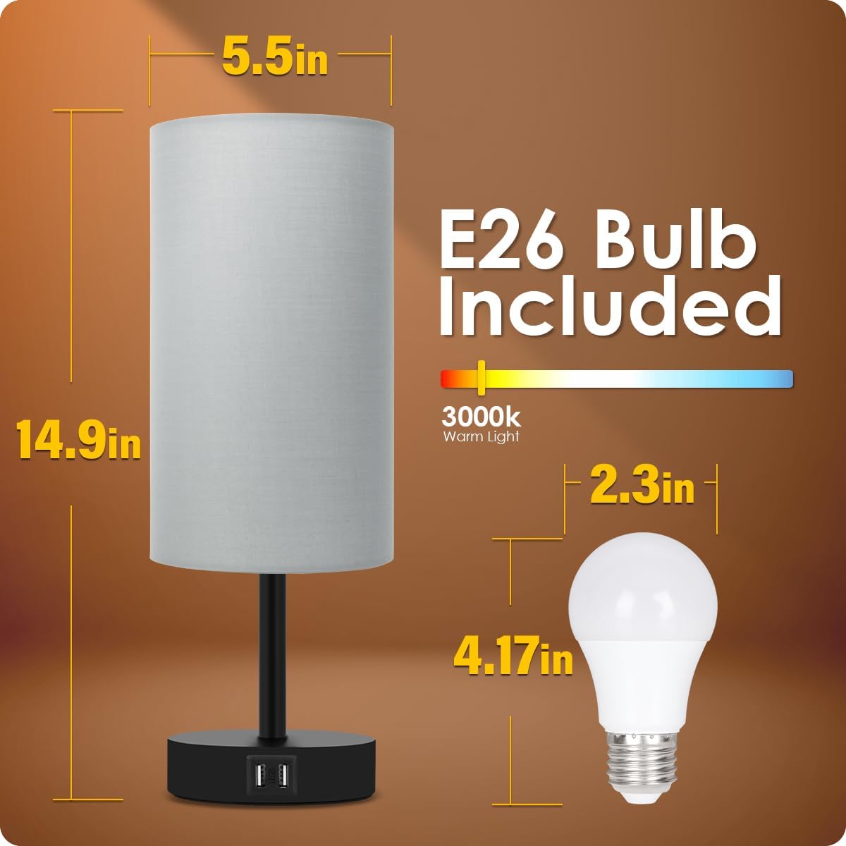 Bedside Table Lamp with USB Ports, Touch Dimmable Nightstand
