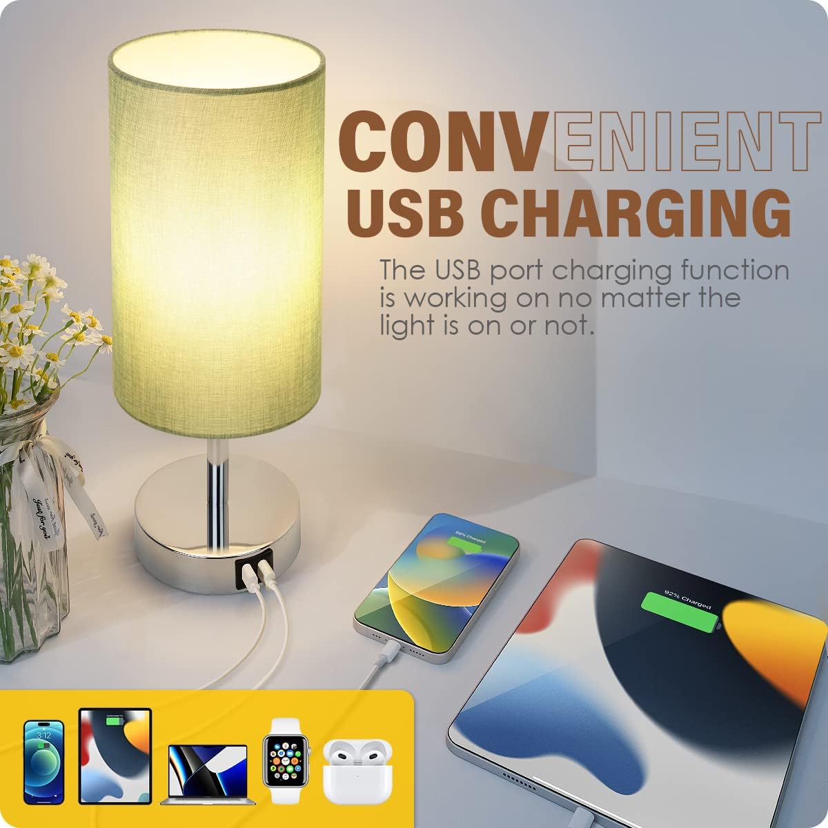 Bedside Table Lamp with USB Ports, Touch Dimmable Nightstand