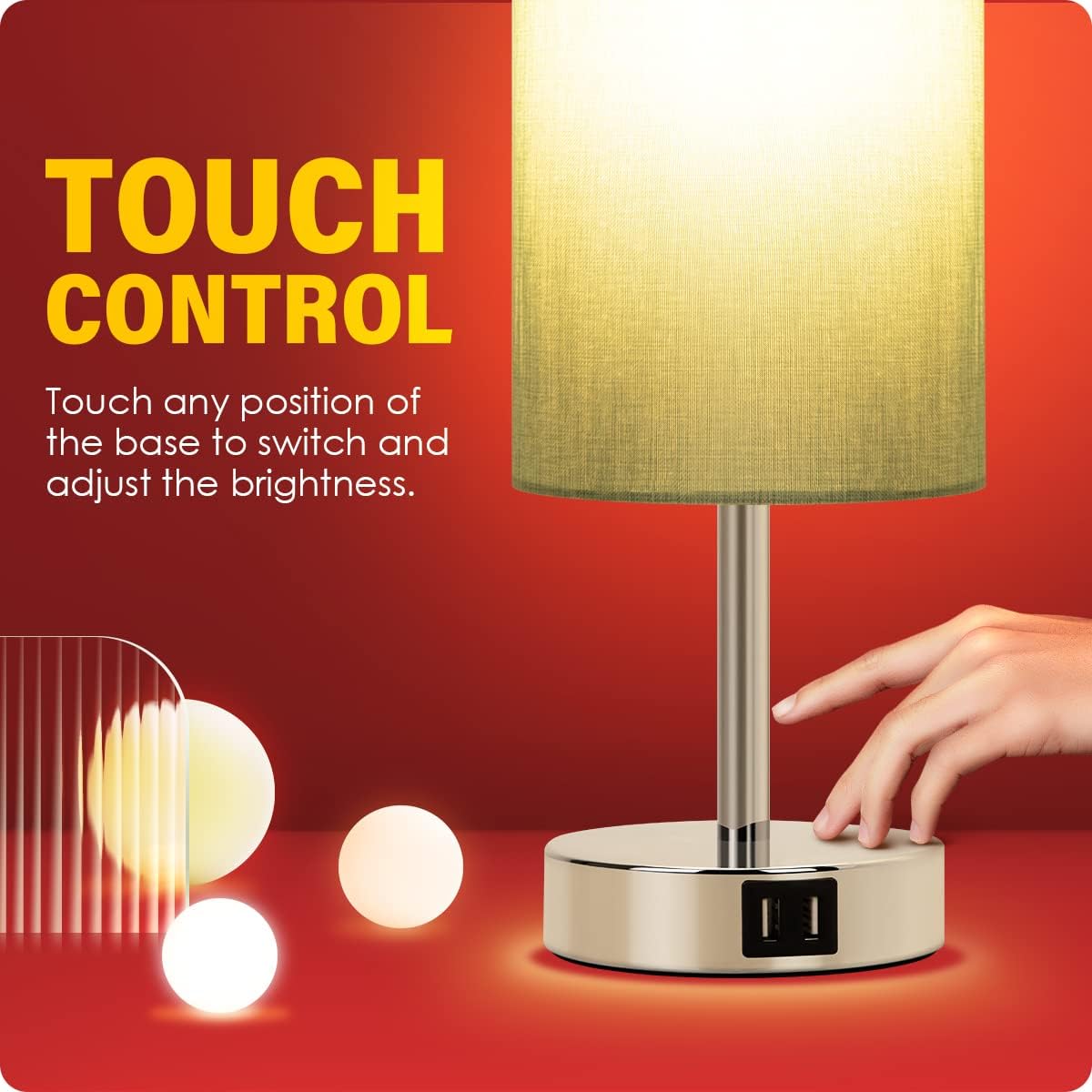 Bedside Table Lamp with USB Ports, Touch Dimmable Nightstand