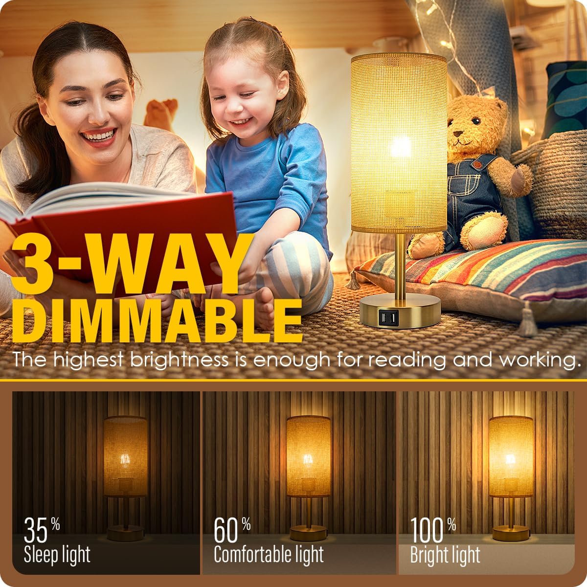 Bedside Table Lamp with USB Ports, Touch Dimmable Nightstand