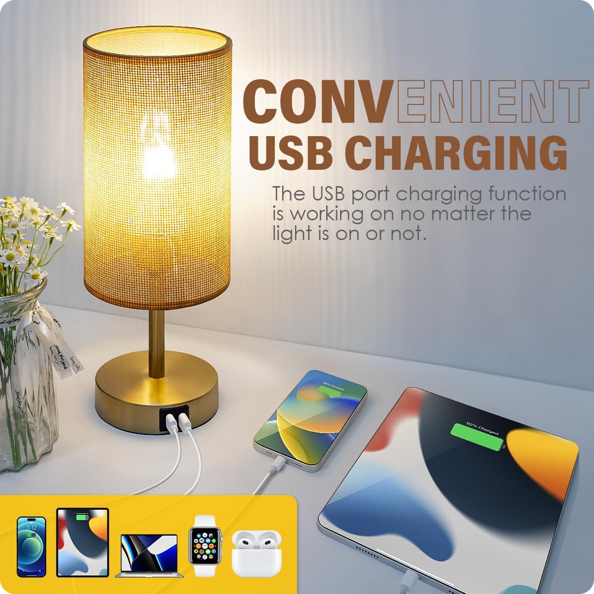 Bedside Table Lamp with USB Ports, Touch Dimmable Nightstand