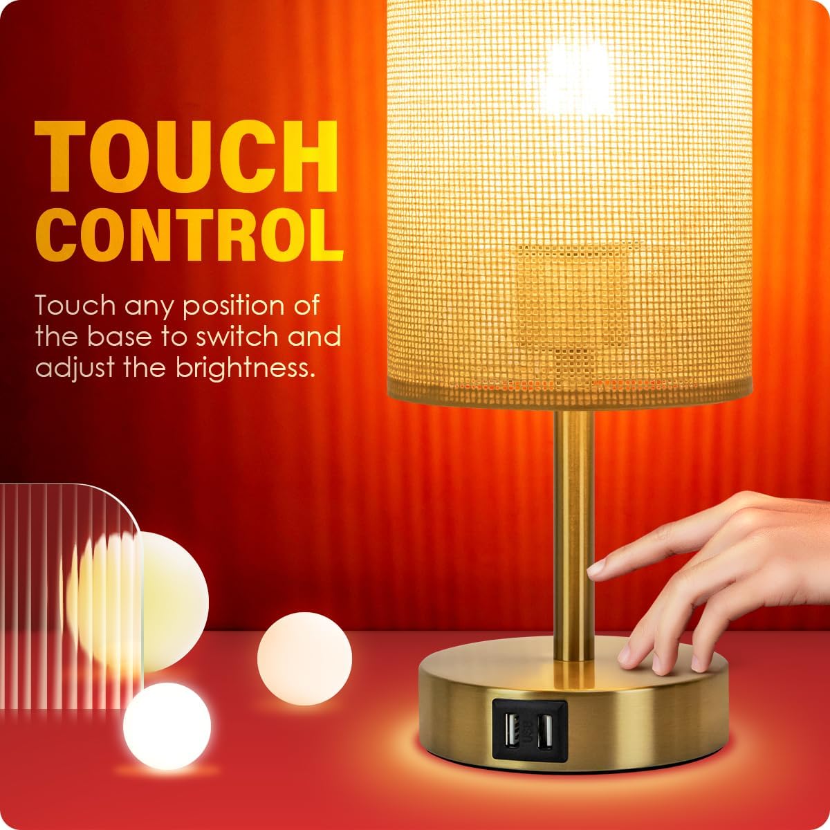 Bedside Table Lamp with USB Ports, Touch Dimmable Nightstand