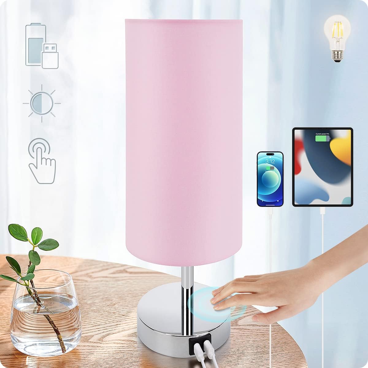 Bedside Table Lamp with USB Ports, Touch Dimmable Nightstand
