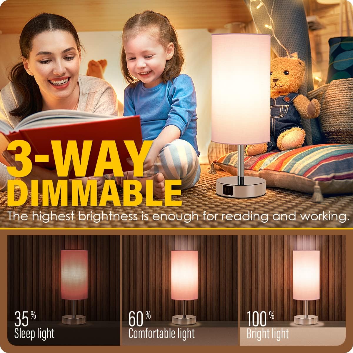 Bedside Table Lamp with USB Ports, Touch Dimmable Nightstand
