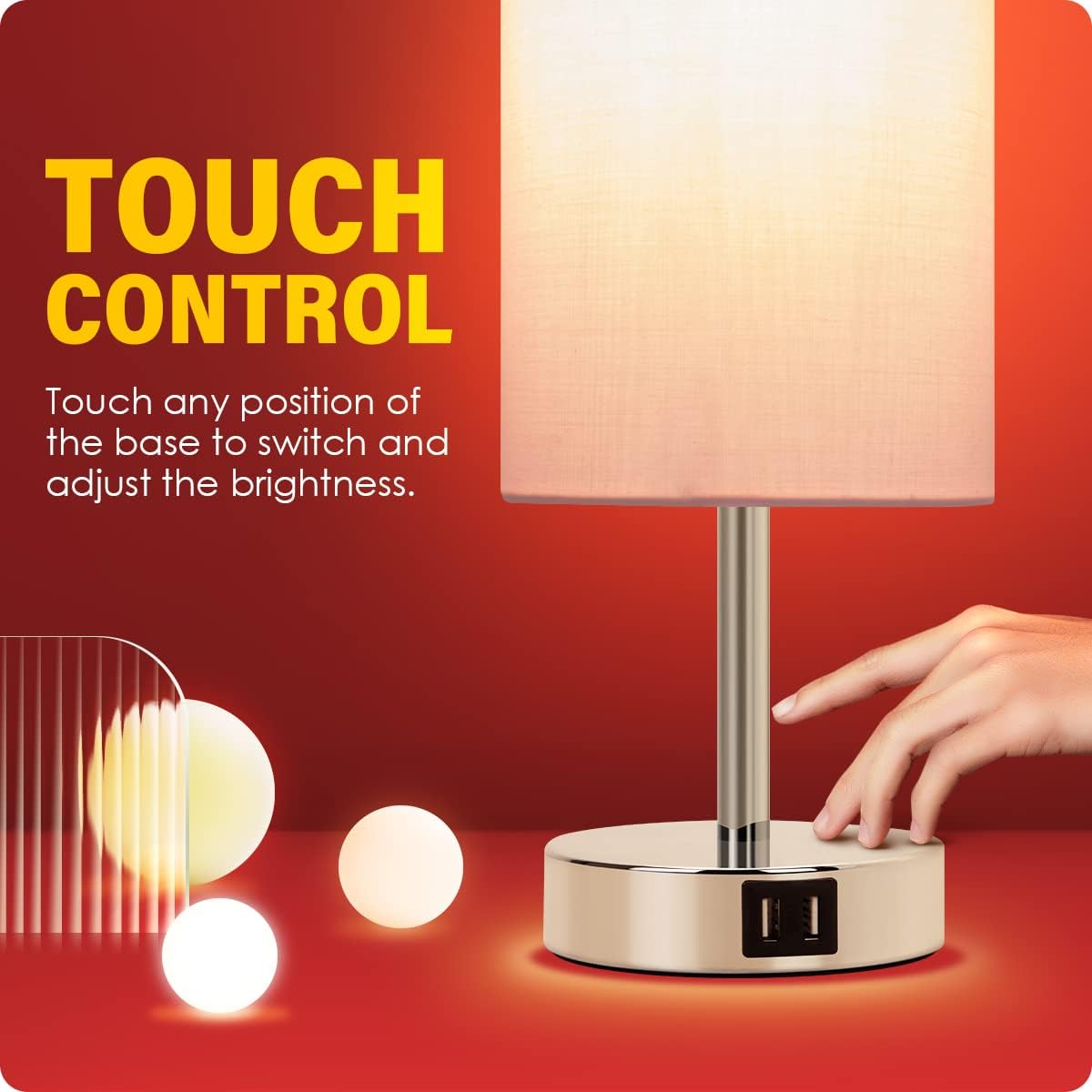 Bedside Table Lamp with USB Ports, Touch Dimmable Nightstand