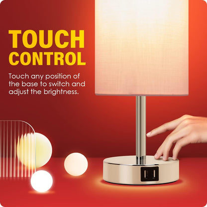 Bedside Table Lamp with USB Ports, Touch Dimmable Nightstand