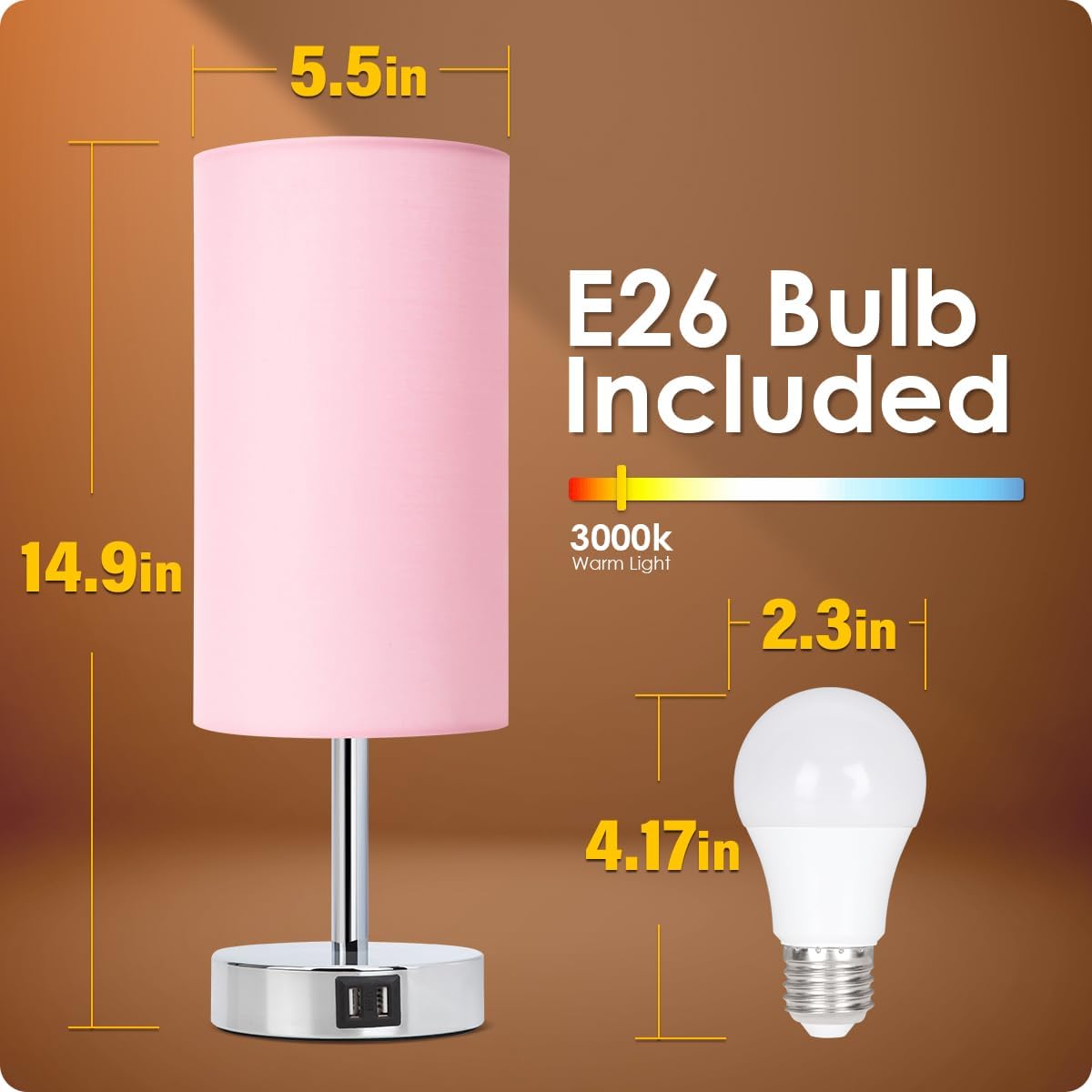 Bedside Table Lamp with USB Ports, Touch Dimmable Nightstand