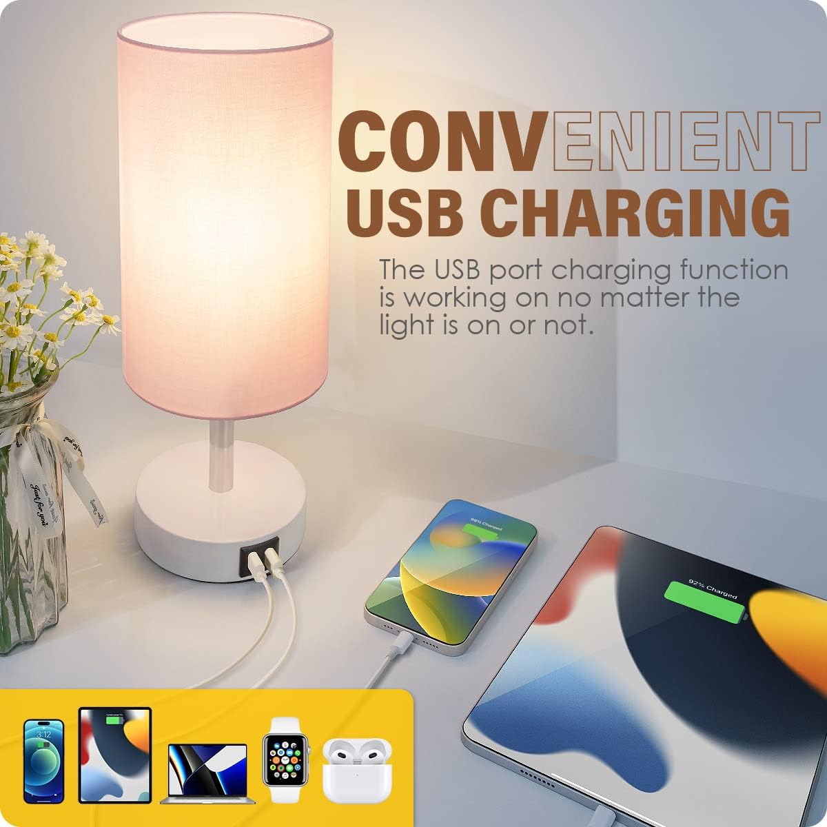 Bedside Table Lamp with USB Ports, Touch Dimmable Nightstand
