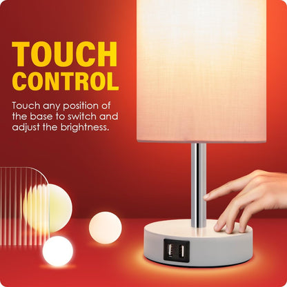 Bedside Table Lamp with USB Ports, Touch Dimmable Nightstand
