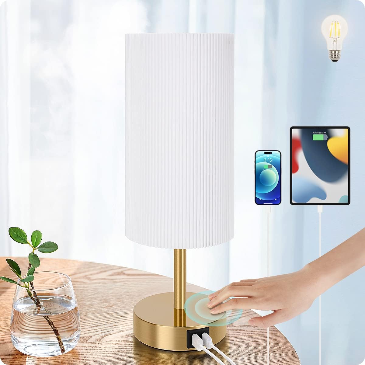 Bedside Table Lamp with USB Ports, Touch Dimmable Nightstand